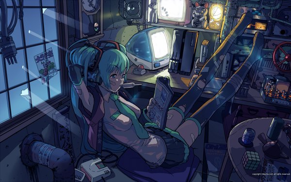 Anime picture 1920x1200 with vocaloid hatsune miku yasumori zen highres wide image wallpaper torn clothes girl thighhighs headphones