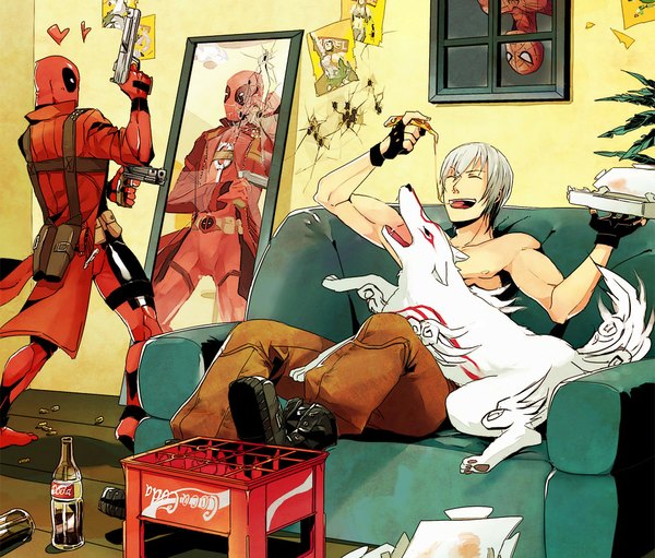 Anime picture 1000x853 with devil may cry okami original marvel comics coca-cola spider-man (series) dante (devil may cry) amaterasu (okami) spiderman deadpool short hair open mouth smile standing sitting white hair multiple boys eating crossover boy