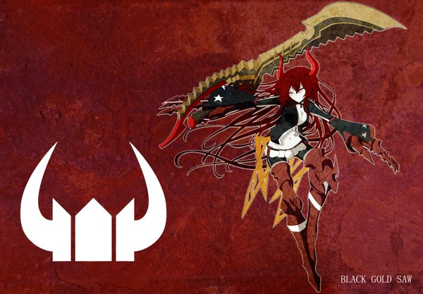 Anime picture 6206x4323 with black rock shooter black gold saw single long hair looking at viewer blush highres simple background red eyes absurdres red hair horn (horns) inscription open clothes open jacket girl weapon huge weapon