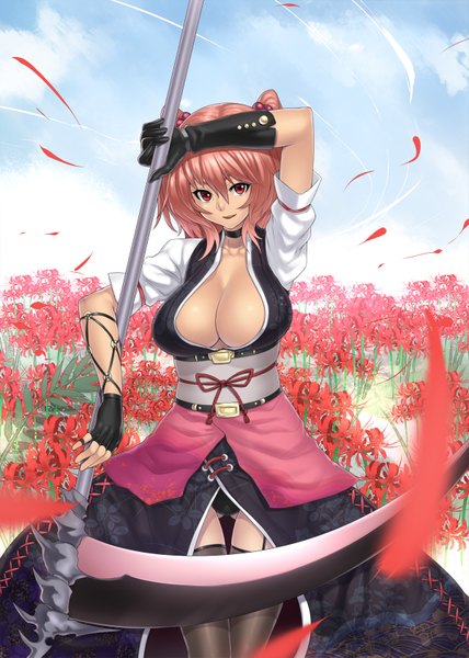 Anime picture 1200x1683 with touhou onozuka komachi houtengeki single tall image short hair breasts light erotic red eyes large breasts twintails pink hair short twintails girl thighhighs weapon black thighhighs belt fingerless gloves scythe