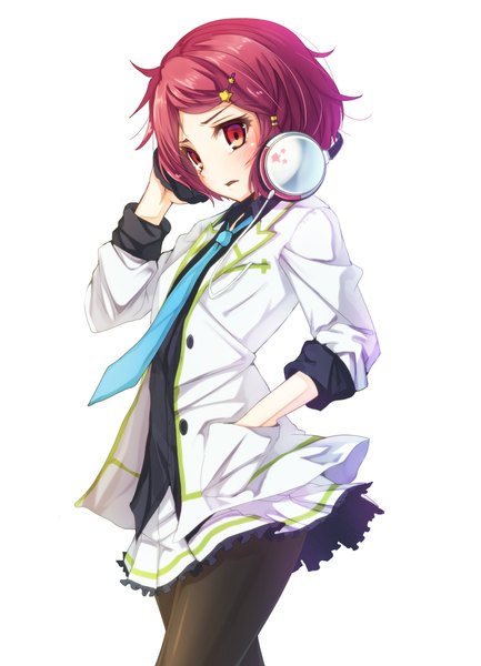 Anime picture 800x1107 with musaigen no phantom world minase koito matokechi single tall image blush short hair open mouth simple background red eyes white background purple hair hand on headphones girl uniform hair ornament school uniform pantyhose necktie headphones