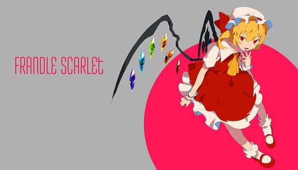 Anime picture 1200x684 with touhou flandre scarlet soichi (sow1) single fringe short hair open mouth simple background blonde hair hair between eyes red eyes wide image standing looking away full body nail polish from above grey background fang (fangs) character names