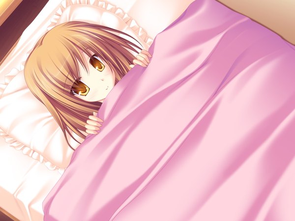 Anime picture 1600x1200 with magus tale whirlpool (studio) amagase koyuki tenmaso single blush short hair brown hair yellow eyes game cg lying light smile girl pillow bed blanket