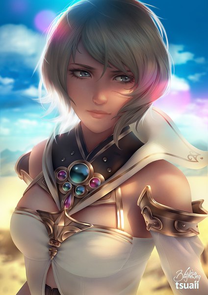 Anime picture 785x1110 with final fantasy xii ashelia b'nargin dalmasca tsuaii single tall image short hair bare shoulders signed looking away sky cloud (clouds) upper body grey hair realistic inscription grey eyes light girl detached sleeves