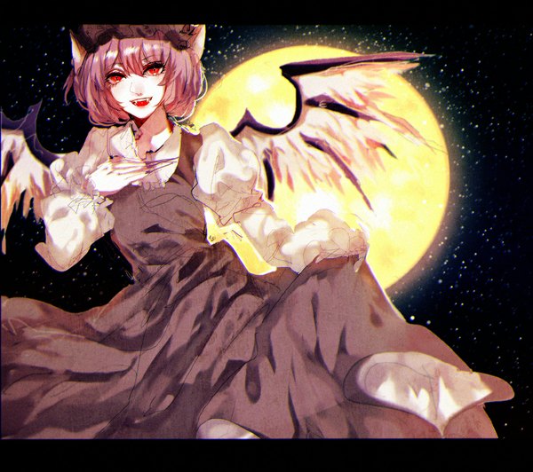 Anime picture 1088x965 with touhou mystia lorelei tian (my dear) single looking at viewer fringe short hair open mouth red eyes pink hair teeth fang (fangs) girl dress hat wings moon full moon claws