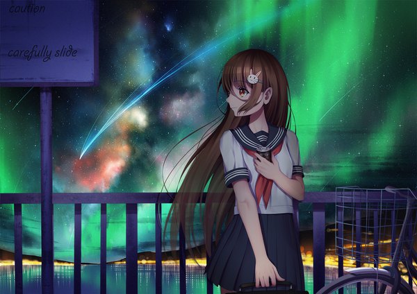 Anime picture 1414x1000 with original kr (sapphire) single long hair brown hair brown eyes looking away night aurora borealis girl skirt uniform hair ornament miniskirt serafuku ground vehicle bicycle