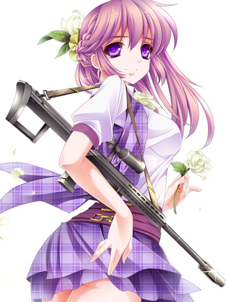 Anime picture 1200x1598 with original moneti (daifuku) single long hair tall image purple eyes purple hair girl dress flower (flowers) weapon petals gun