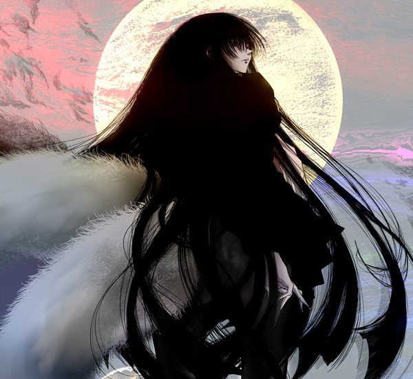 Anime picture 2000x1837 with nurarihyon no mago hagoromo gitsune auge (akd) highres black hair very long hair looking back black eyes fox ears multiple tails girl pantyhose serafuku moon