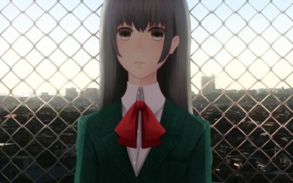 Anime picture 1100x688 with original bounin single long hair black hair wide image black eyes city girl serafuku