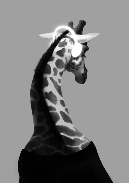 Anime picture 2480x3508 with original ushi hachi single tall image highres simple background eyes closed from behind grey background glowing monochrome animal headphones giraffe