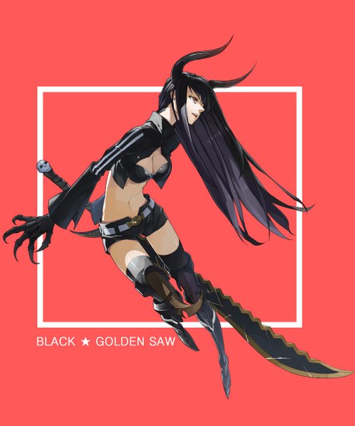 Anime picture 1012x1214 with black rock shooter black gold saw justminor single long hair tall image open mouth black hair red eyes profile horn (horns) bare belly zettai ryouiki looking up jumping battle girl thighhighs navel weapon