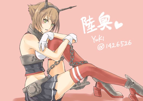 Anime picture 4092x2893 with kantai collection mutsu battleship yuki (sonma 1426) single looking at viewer highres short hair breasts brown hair sitting green eyes absurdres pleated skirt high heels pink background leg hug girl thighhighs skirt gloves