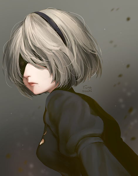 Anime picture 800x1018 with nier nier:automata yorha no. 2 type b runamochi single tall image short hair simple background signed upper body lips grey hair grey background mole puffy sleeves portrait mole under mouth blindfold covering eye (eyes) girl
