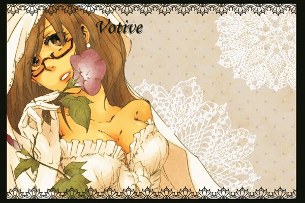 Anime picture 1123x748 with yondemasu yo, azazel-san production i.g sakuma rinko long hair brown hair border polka dot polka dot background girl dress gloves flower (flowers) bow earrings glasses elbow gloves white dress lace corset wedding dress