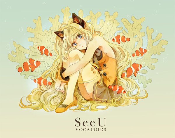 Anime picture 1000x787 with vocaloid seeu riya (artist) single long hair blush blue eyes blonde hair sitting animal ears pleated skirt inscription wavy hair girl thighhighs white thighhighs bracelet fish (fishes) coral