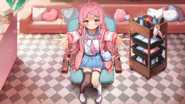 Anime picture 3500x1969 with original arme (cgsy7484) single long hair looking at viewer blush fringe highres hair between eyes wide image sitting pink hair full body indoors pleated skirt pink eyes from above open jacket checkered floor floor