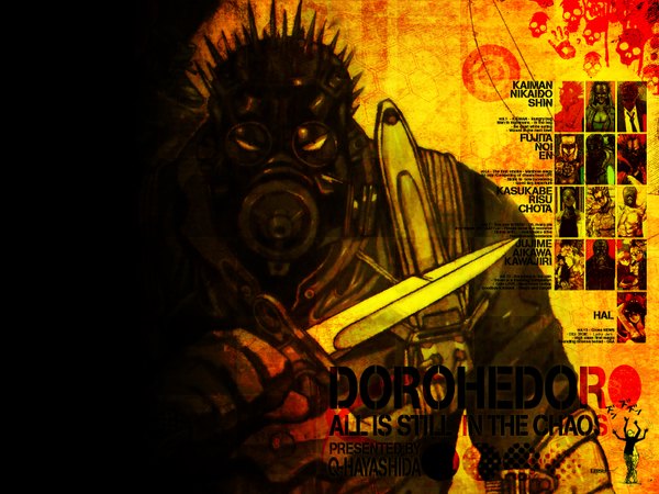 Anime picture 1600x1200 with dorohedoro mappa caiman wallpaper boy weapon mask knife gas mask