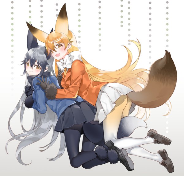 Anime picture 1000x956 with kemono friends ezo red fox (kemono friends) silver fox (kemono friends) shiosoda long hair blush fringe open mouth light erotic blonde hair smile hair between eyes multiple girls animal ears yellow eyes full body ass tail animal tail grey hair
