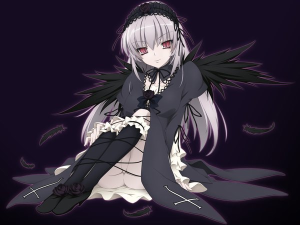 Anime picture 1600x1200 with rozen maiden suigintou akinoko single long hair looking at viewer highres light erotic simple background red eyes sitting silver hair full body wallpaper no panties black wings bondage purple background upskirt outline