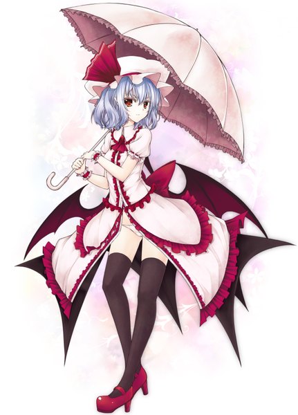 Anime picture 2645x3679 with touhou remilia scarlet utakata (kochou no yume) single tall image highres short hair light erotic simple background red eyes white background blue hair bat wings girl thighhighs dress underwear panties black thighhighs wings