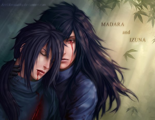 Anime picture 1875x1445 with naruto studio pierrot naruto (series) uchiha madara uchiha izuna zetsuai89 long hair highres black hair red eyes eyes closed lips realistic inscription hug siblings sharingan brothers boy gloves