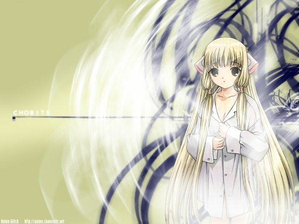 Anime picture 1024x768 with chobits chii single long hair looking at viewer breasts blonde hair brown eyes signed payot upper body copyright name naked shirt girl hair ornament shirt hair tubes
