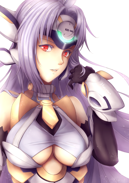 Anime picture 744x1052 with xenosaga monolith software kos-mos hananon single long hair tall image looking at viewer breasts light erotic simple background red eyes white background silver hair girl gloves elbow gloves