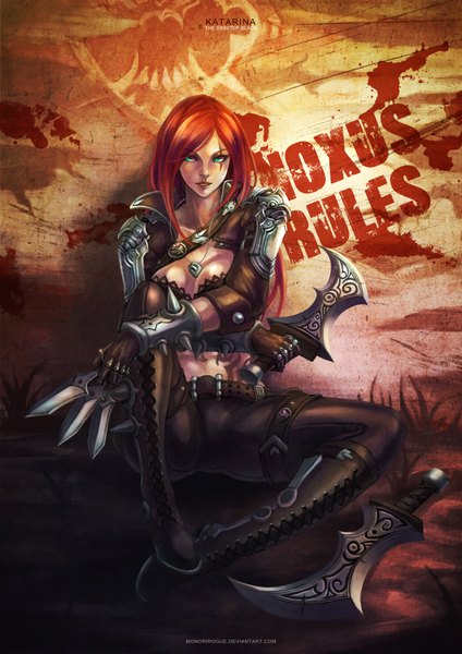 Anime picture 2480x3508 with league of legends katarina (league of legends) monori rogue single long hair tall image highres sitting holding green eyes looking away red hair lips bare belly scar dual wielding girl gloves navel weapon