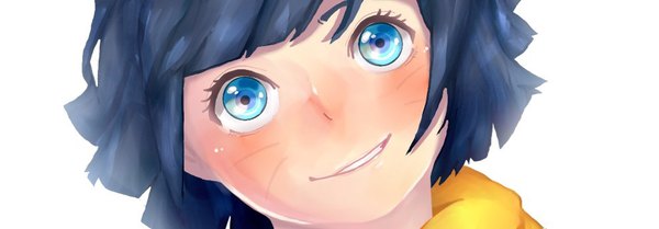 Anime picture 992x347 with naruto studio pierrot naruto (series) uzumaki himawari tagme (artist) single looking at viewer blush short hair open mouth blue eyes simple background smile wide image white background blue hair head tilt light smile facial mark close-up