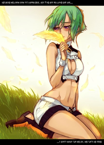 Anime picture 1000x1393 with aquarion (series) aquarion evol satelight zessica wong rusky single tall image blush short hair breasts light erotic sitting purple eyes bare shoulders cleavage green hair wind girl navel plant (plants)