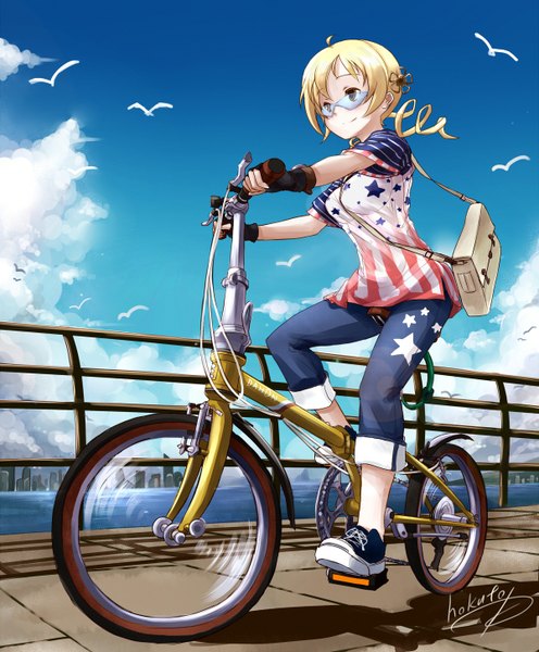 Anime picture 1200x1450 with mahou shoujo madoka magica shaft (studio) tomoe mami hokuchin (artist) single long hair tall image blonde hair smile sitting twintails yellow eyes looking away sky cloud (clouds) sunlight city drill hair star print girl