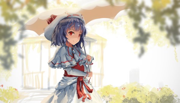 Anime picture 1879x1076 with touhou remilia scarlet newnand single looking at viewer fringe highres short hair smile red eyes wide image holding purple hair girl ribbon (ribbons) plant (plants) hat tree (trees) leaf (leaves) umbrella