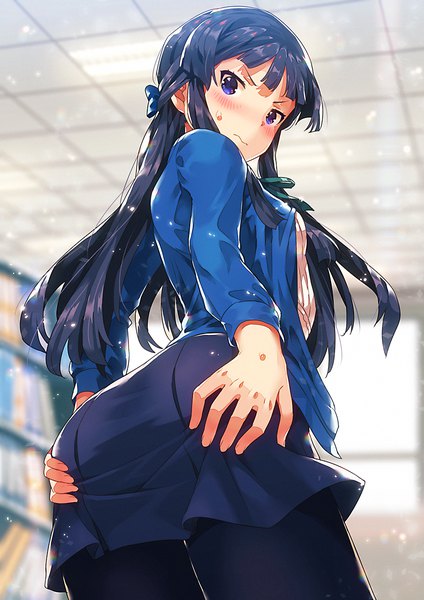 Anime picture 849x1200 with idolmaster idolmaster million live! mogami shizuka narumi arata single long hair tall image looking at viewer blush fringe blue eyes light erotic black hair ass indoors looking back blurry from below sweat depth of field