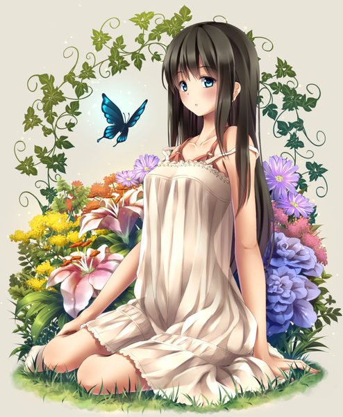 Anime picture 824x1000 with original yasuno (airy light) single long hair tall image looking at viewer blush blue eyes black hair girl dress flower (flowers) insect butterfly sundress