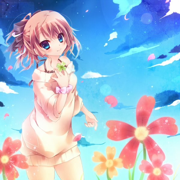 Anime picture 1000x1000 with original amanatsu yuzuka single looking at viewer blush short hair blue eyes smile brown hair bare shoulders sky cloud (clouds) girl flower (flowers) bow hair bow petals sweater