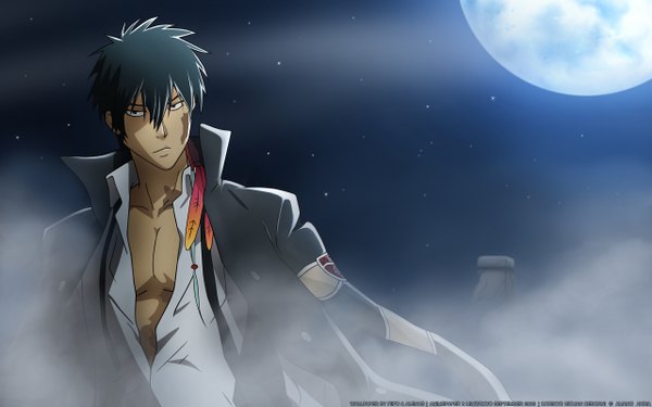 Anime picture 2560x1600 with katekyou hitman reborn xanxus alenas fiifo (artist) single highres black hair wide image signed night scar vector third-party edit clothes on shoulders collaboration screencap redraw boy moon