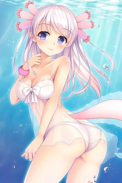 Anime picture 937x1403 with kemono friends mexico salamander (kemono friends) umitonakai single long hair tall image fringe light erotic smile purple eyes looking away pink hair silver hair ass tail animal tail sunlight floating hair turning head gradient hair
