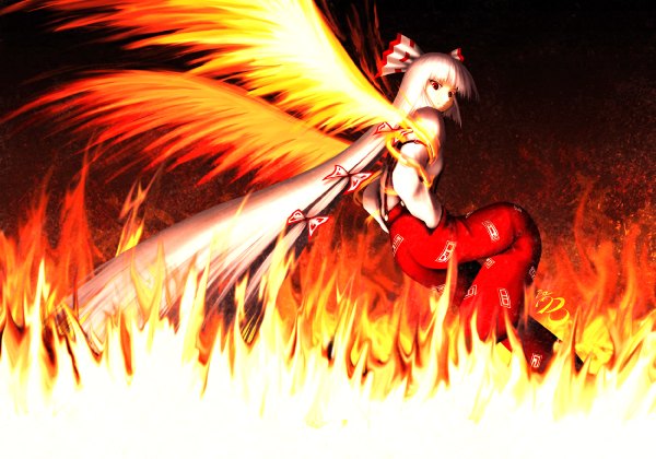 Anime picture 1200x840 with touhou fujiwara no mokou red eyes white hair girl bow wings fire