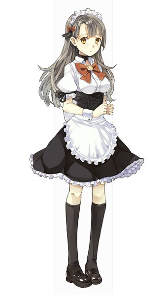 Anime picture 655x1165 with original hao (patinnko) single long hair tall image looking at viewer blush simple background white background yellow eyes grey hair maid girl socks headdress maid headdress black socks wrist cuffs