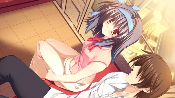 Anime picture 1280x720 with kozukuri shiyou yo souma-kun blush short hair black hair red eyes wide image blue hair game cg couple girl dress boy hairband