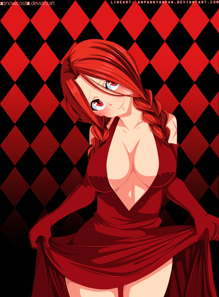 Anime picture 1280x1732 with fairy tail flare corona xsnowcoolx single long hair tall image blush breasts light erotic smile red eyes cleavage red hair braid (braids) twin braids coloring checkered checkered background girl dress