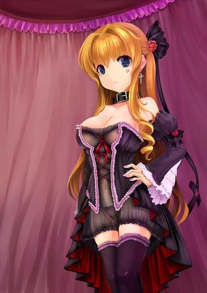 Anime picture 1061x1500 with original rhineheim single long hair tall image looking at viewer blue eyes blonde hair girl thighhighs dress bow black thighhighs hair bow detached sleeves earrings frills collar