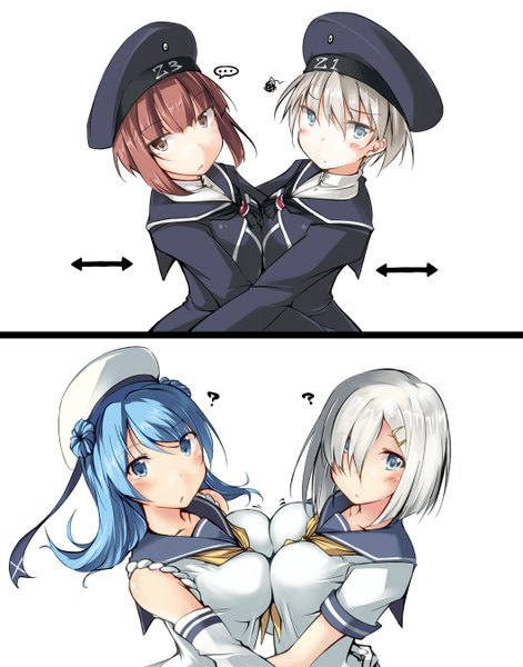 Anime picture 1060x1350 with kantai collection hamakaze destroyer urakaze destroyer z3 destroyer (max schultz) z1 destroyer (leberecht maass) kaminagi-tei tall image looking at viewer blush fringe short hair breasts blue eyes simple background large breasts white background multiple girls brown eyes hair over one eye hug