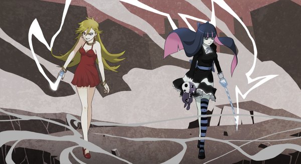 Anime picture 1440x785 with panty & stocking with garterbelt anarchy stocking anarchy panty long hair blonde hair wide image multiple girls purple hair multicolored hair black eyes colored inner hair girl thighhighs dress weapon 2 girls sword cat toy stuffed animal