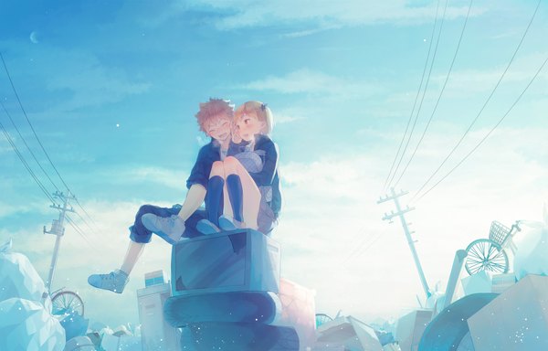 Anime picture 2000x1280 with haikyuu!! production i.g hinata shouyou hitoka yachi namiri blush highres short hair open mouth blonde hair sitting yellow eyes looking away sky cloud (clouds) eyes closed one side up exhalation girl boy
