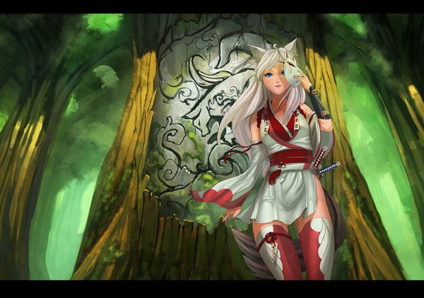 Anime picture 1278x900 with doghateburger single long hair blue eyes animal ears tail traditional clothes japanese clothes animal tail grey hair fox tail fox girl girl weapon plant (plants) tree (trees) mask forest fox mask