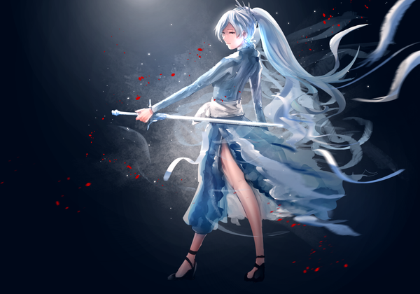 Anime picture 2500x1750 with rwby rooster teeth weiss schnee anonamos701 single highres standing holding full body white hair ponytail very long hair long sleeves profile high heels glowing scar blue background side slit girl