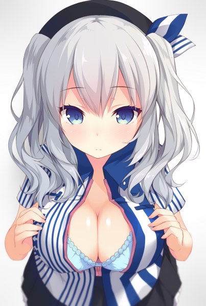 Anime picture 900x1340 with kantai collection lawson kashima training cruiser mimura zaja single long hair tall image looking at viewer breasts blue eyes light erotic white background cleavage white hair girl uniform lingerie bra employee uniform