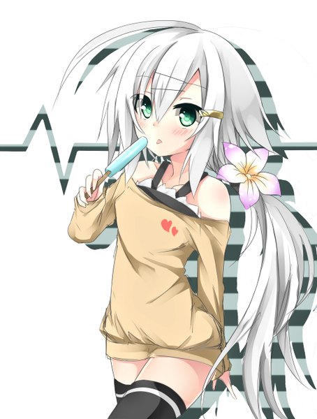 Anime picture 1000x1321 with original chabaneko single long hair tall image looking at viewer blush bare shoulders green eyes white hair hair flower girl thighhighs hair ornament black thighhighs food sweets ice cream