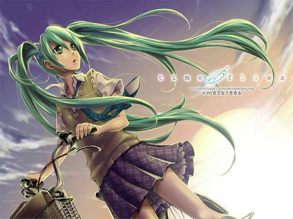 Anime picture 1024x768 with vocaloid hatsune miku kitano tomotoshi single long hair fringe open mouth hair between eyes twintails green eyes signed looking away sky pleated skirt green hair wind from below short sleeves dutch angle text